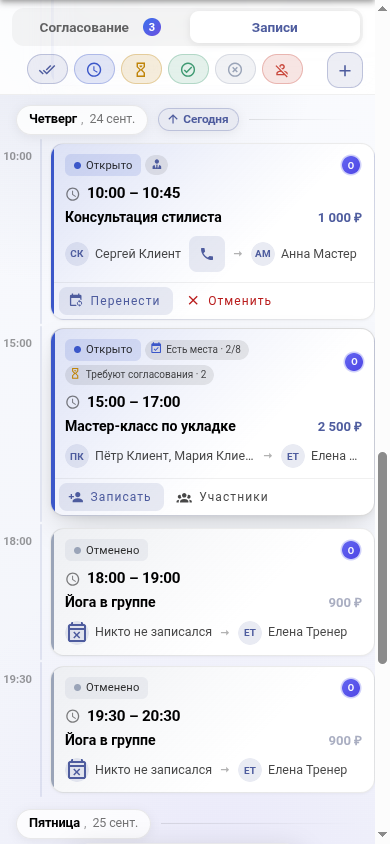 Карточка открытого окна с участниками